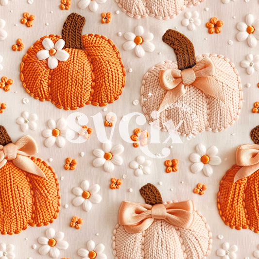 Cottagecore Harvest - Embroidered Pumpkins and Daises Seamless Pattern