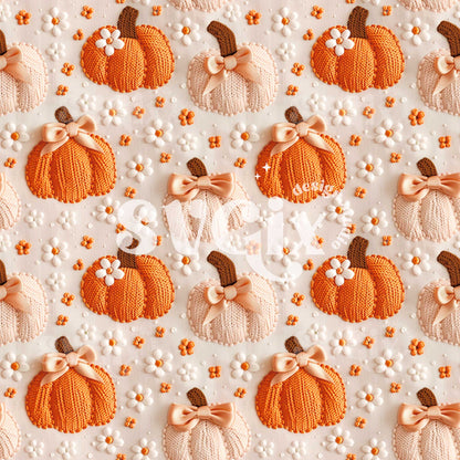 Cottagecore Harvest - Embroidered Pumpkins and Daises Seamless Pattern