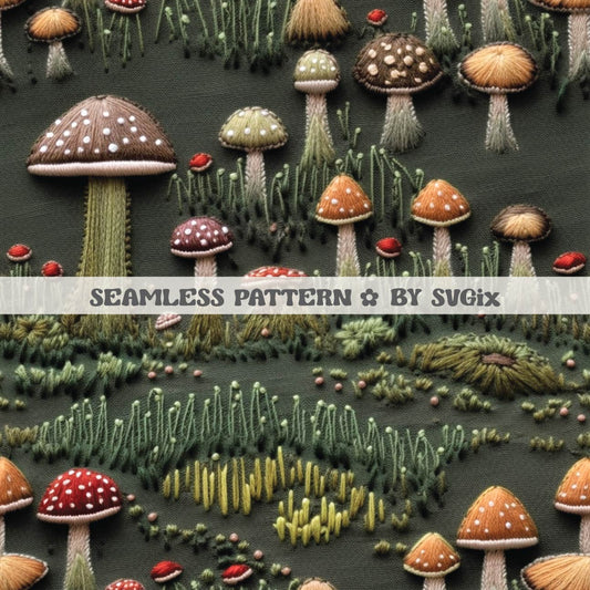 Cottagecore Boho Mushrooms Embroidery Seamless