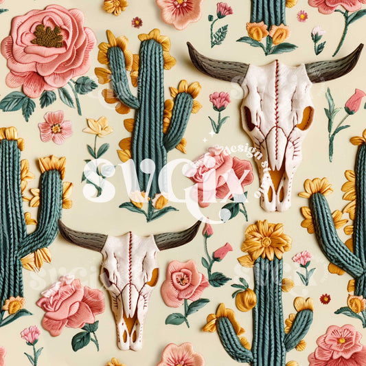 Cow Skulls and Pink Roses Seamless Pattern