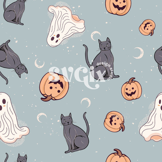 Cute Halloween 4 color ways - Blue Seamless Pattern