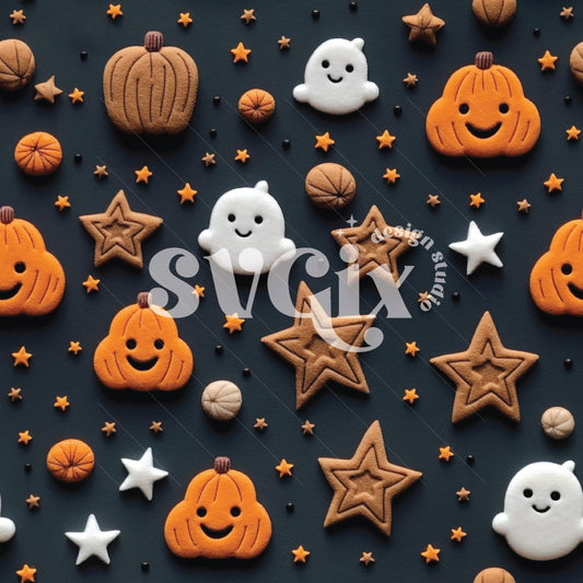 Kawaii Ghosts & Pumpkins Felt Embroidery Seamless Pattern