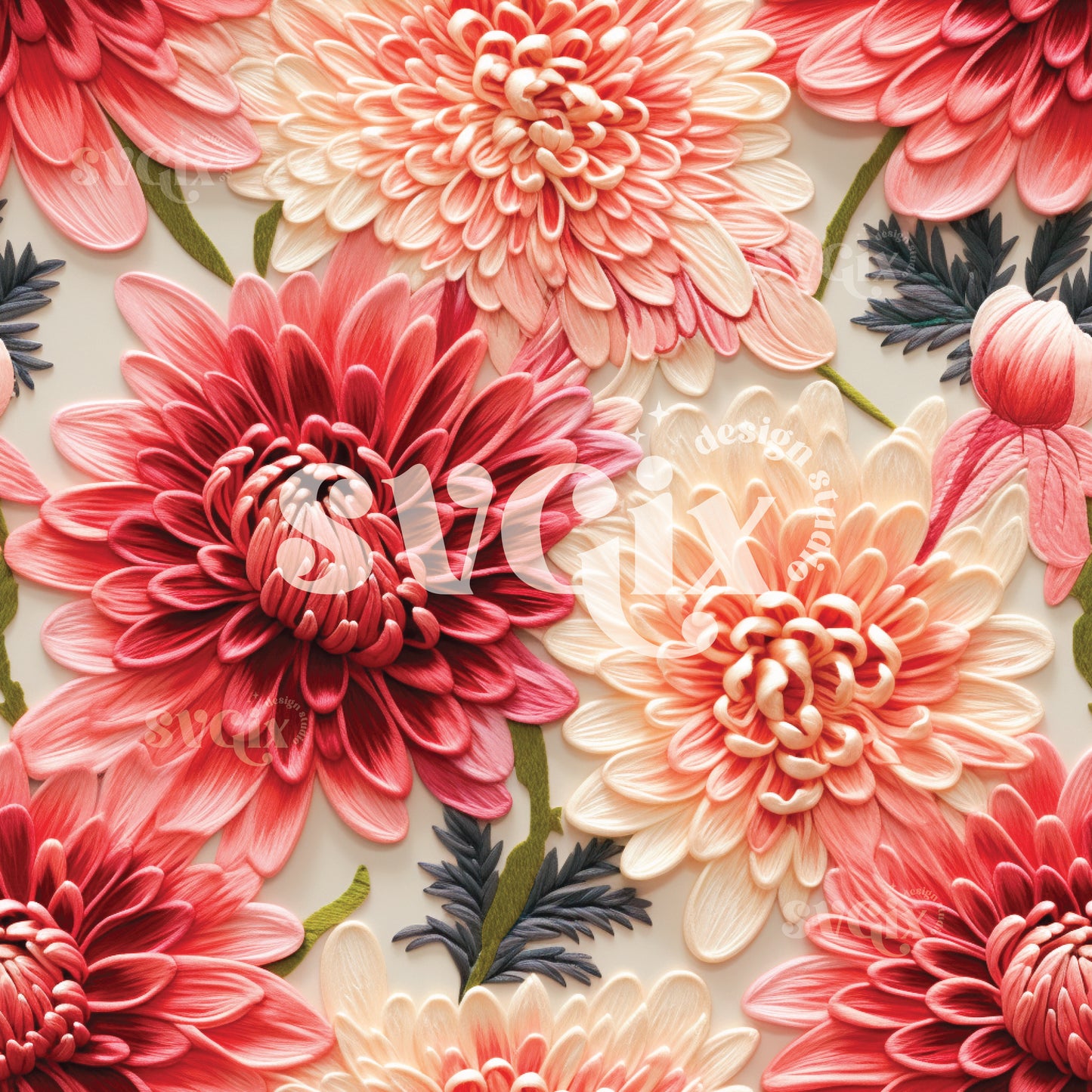 Dahlias Embroidery Seamless Pattern