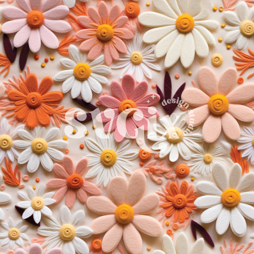 Daisy Pink Blush Felt Floral Embroidery Seamless Pattern