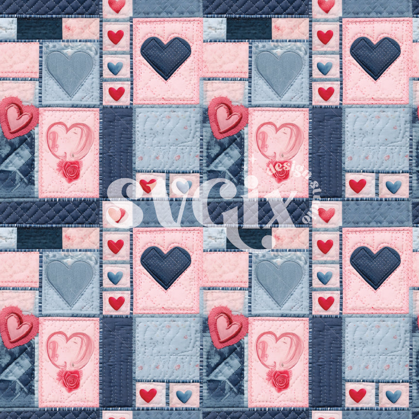 Denim Pink Valentines Patchwork Seamless