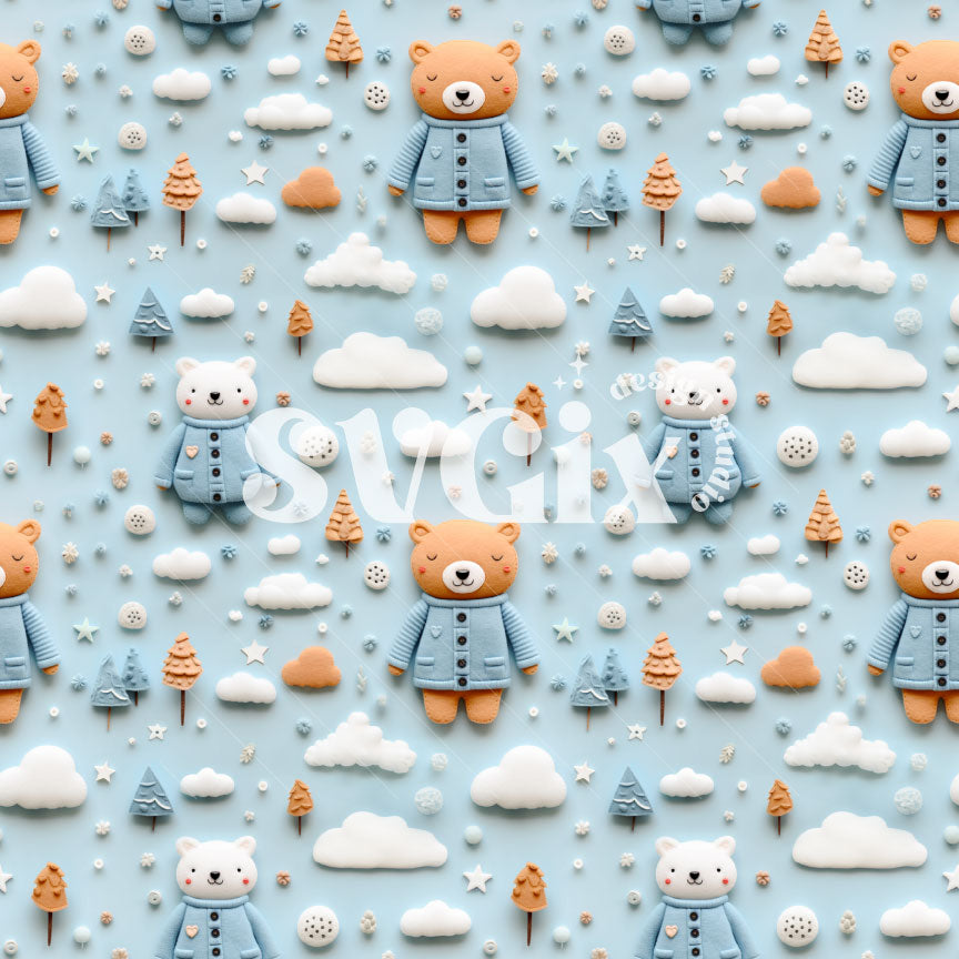 Dreamy bears and clouds on blue background Seamless Pattern