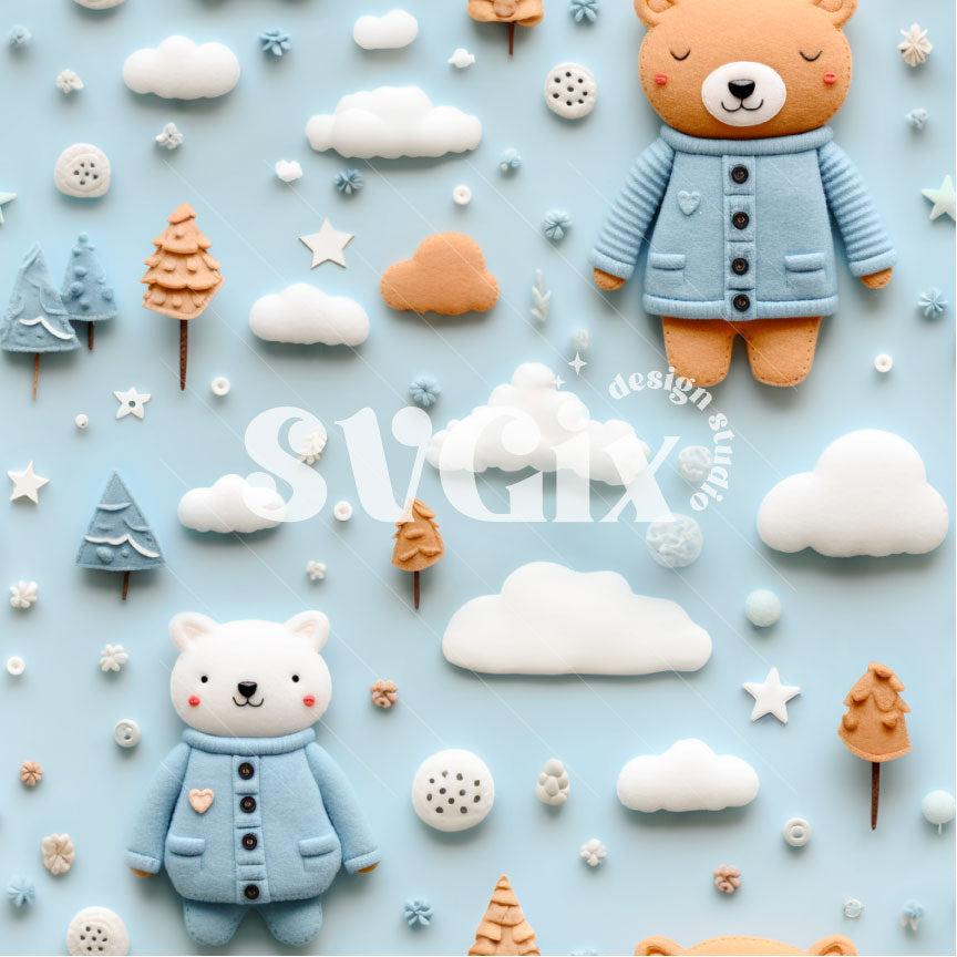 Dreamy bears and clouds on blue background Seamless Pattern