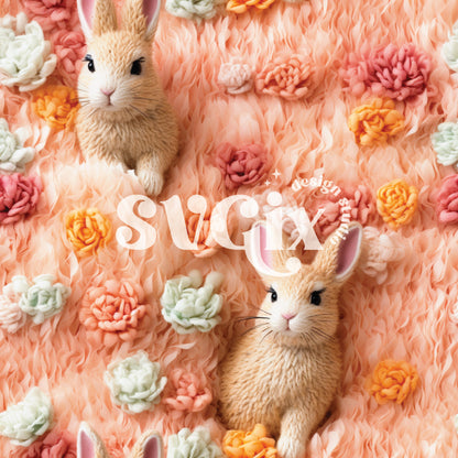 Easter Bunnies on Salmon Floral Seamless Pattern