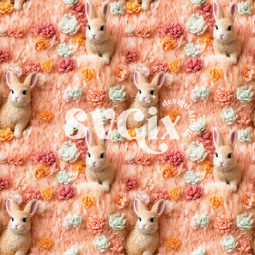 Easter Bunnies on Salmon Floral Seamless Pattern