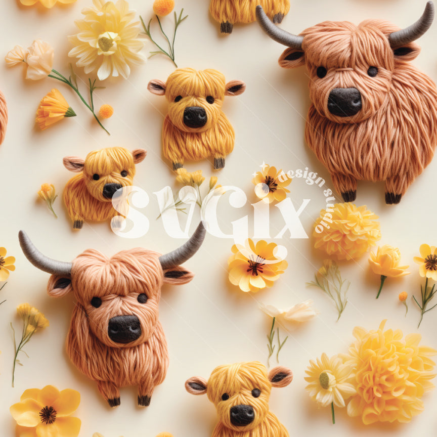 Easter Highland Cows Seamless Pattern