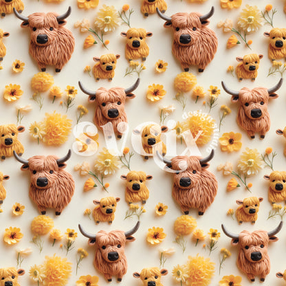 Easter Highland Cows Seamless Pattern