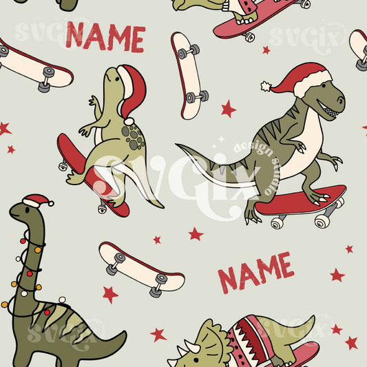 Editable Name Skateboard Dinos Seamless Pattern