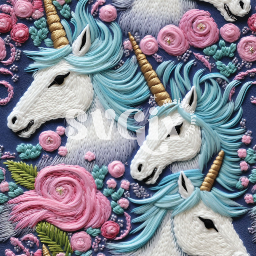 Embroidered Unicorn on Blue Background Seamless Pattern