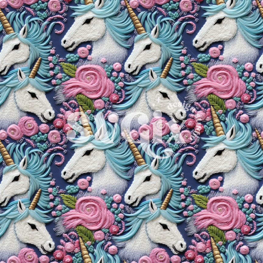 Embroidered Unicorn on Blue Background Seamless Pattern