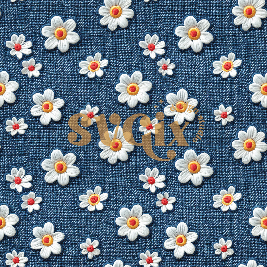 Embroidered Dainty Flowers on Denim Seamless Pattern by SVGix