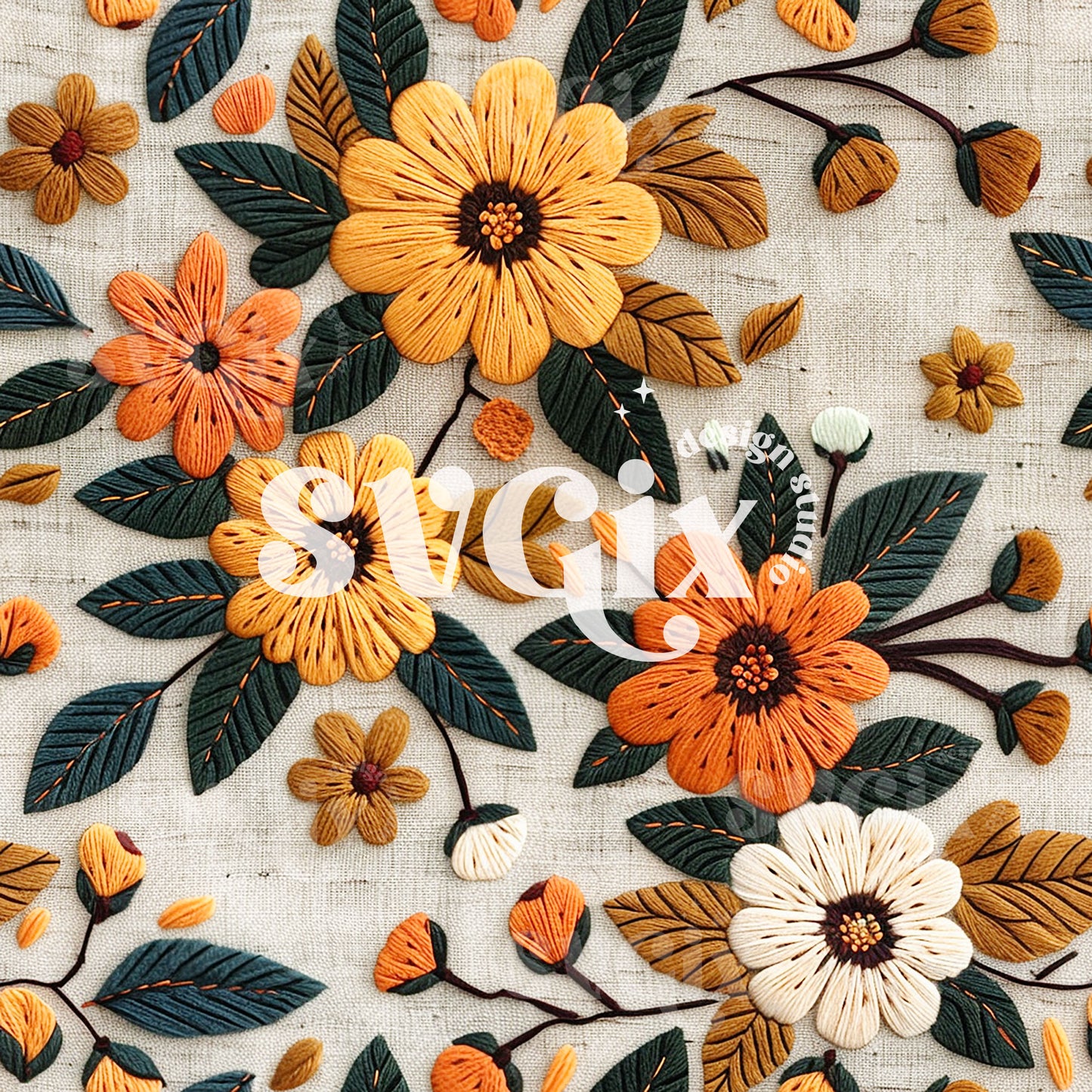 Embroidered Fall Floral Seamless Pattern