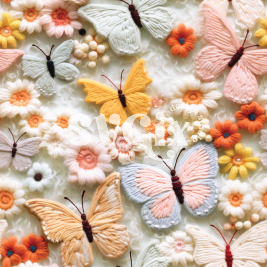 Embroidered Springtime Butterflies Seamless Pattern