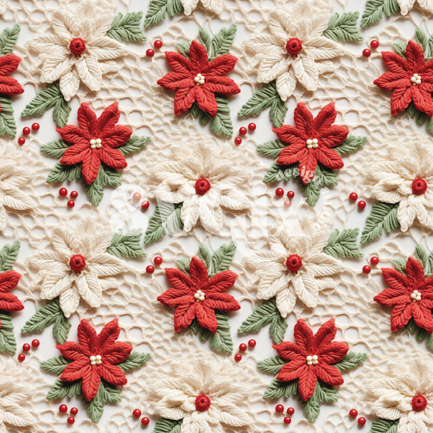 Embroidery Poinsettias Seamless Pattern