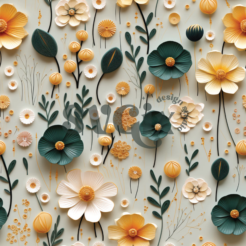 Emerald & Gold Blooms Seamless Pattern