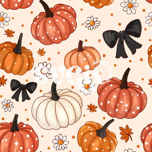 Fall Fantasy - Polka Dot Pumpkins, Bows and Daises Seamless Pattern