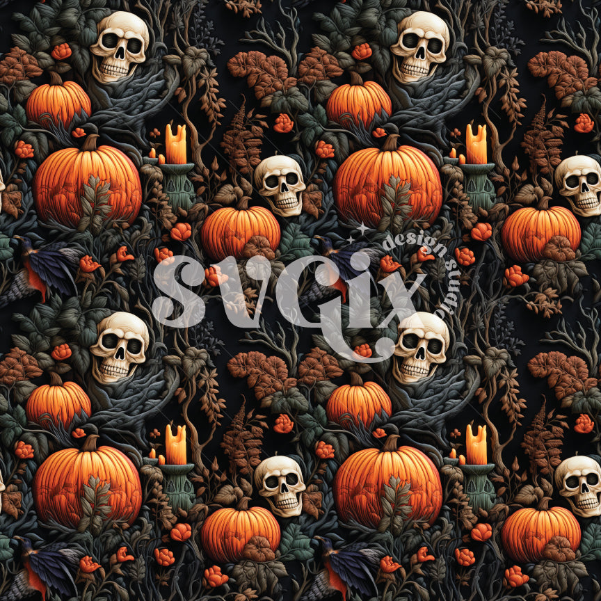 Fall Halloween Skulls Embroidery Seamless Pattern