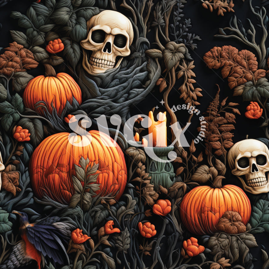 Fall Halloween Skulls Embroidery Seamless Pattern