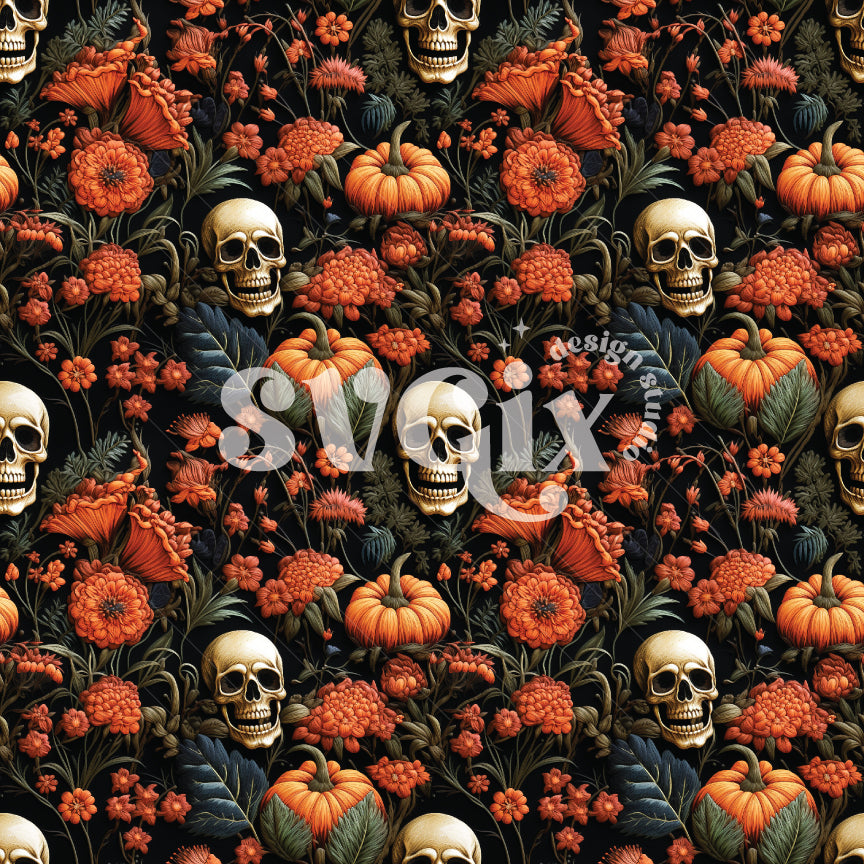 Fall Skulls Embroidery Seamless Pattern