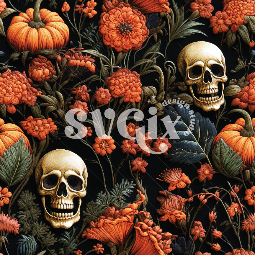 Fall Skulls Embroidery Seamless Pattern