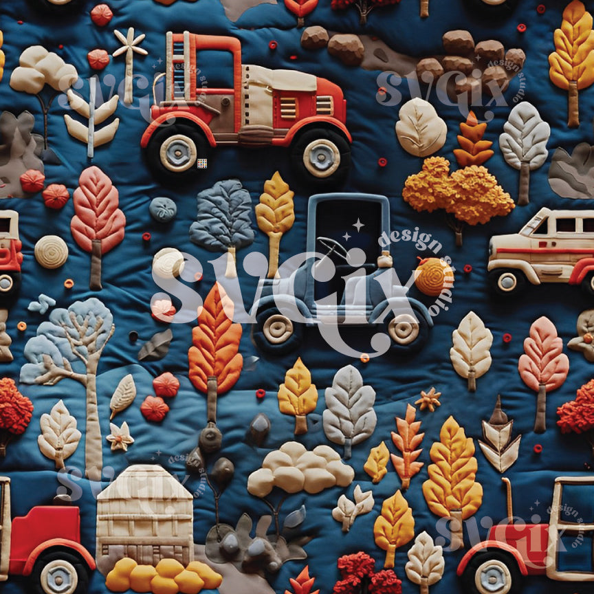 Fall Tractors Quilt Seamless Pattern