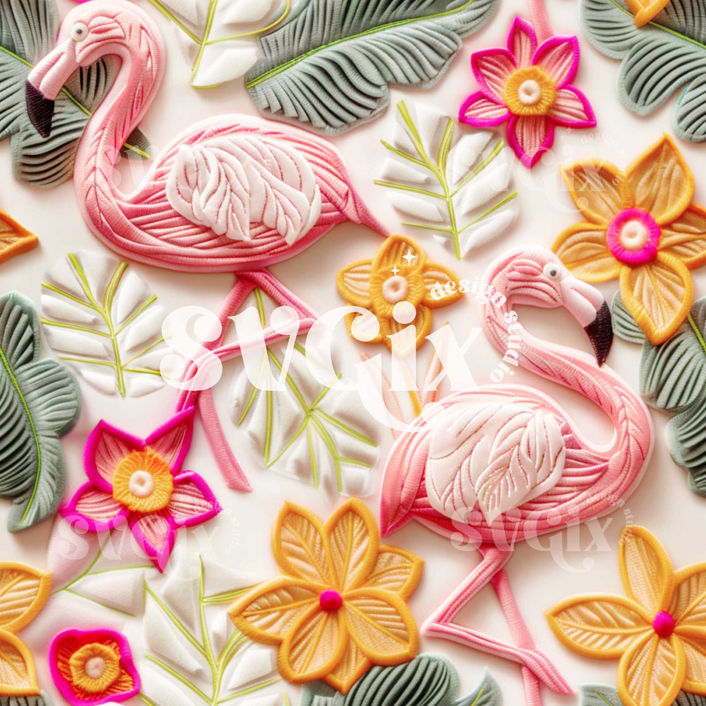 Faux Embroidery Look Flamingos Seamless Pattern