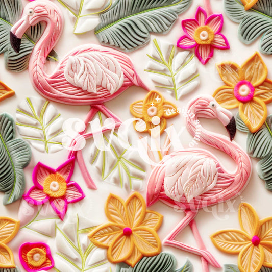 Faux Embroidery Look Flamingos Seamless Pattern