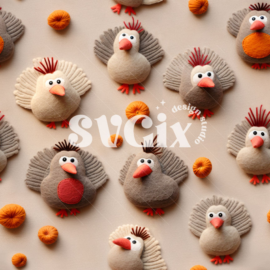 Felt Turkeys Pumpkins Seamless Pattern