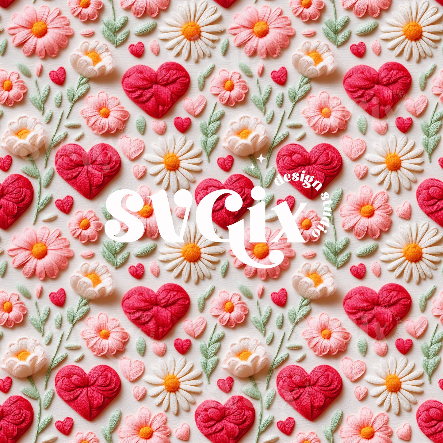 Floral Vday Seamless Daises Hearts Repeating Pattern by SVGix