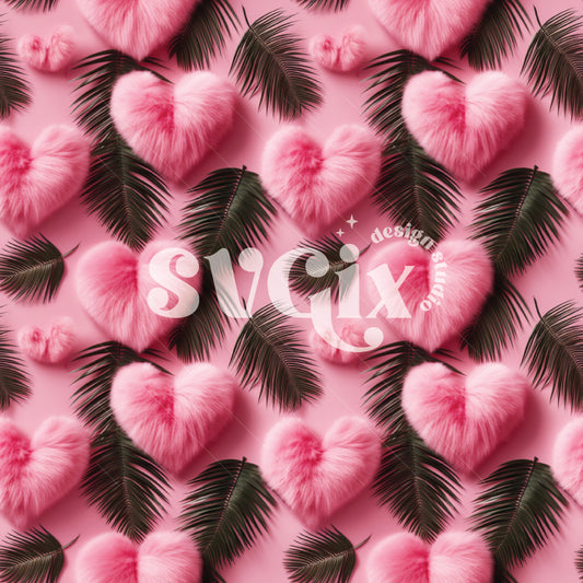 Fluffy Hearts and Tropical Leaves Seamless Pattern