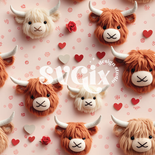 Valentines Highland Cows Seamless Pattern