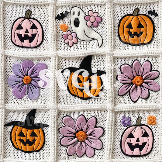 Ghoulishly Cute - Halloween Patchwork of Pumpkins and Blooms Seamless Pattern