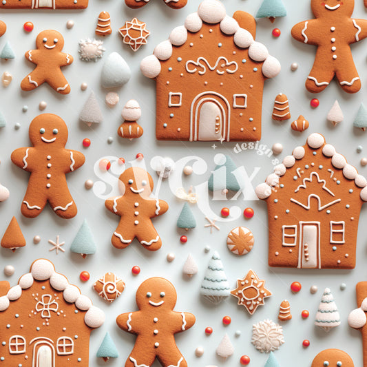 Gingerbread on Light Blue 3d Seamless Pattern