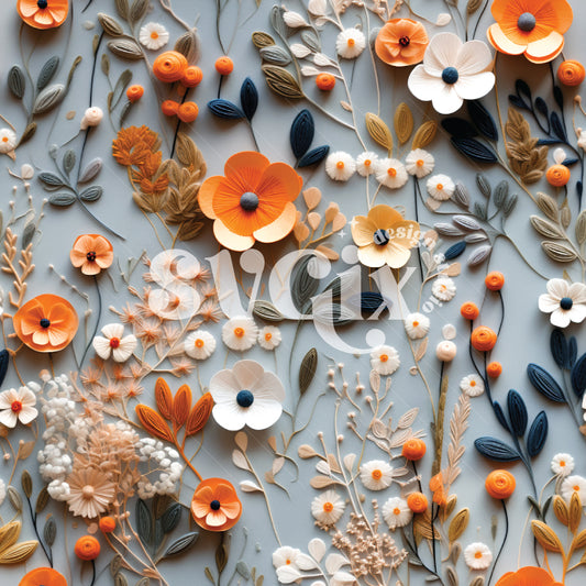 Grey Orange 3D Paper Floral Seamless Pattern