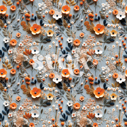 Grey Orange 3D Paper Floral Seamless Pattern