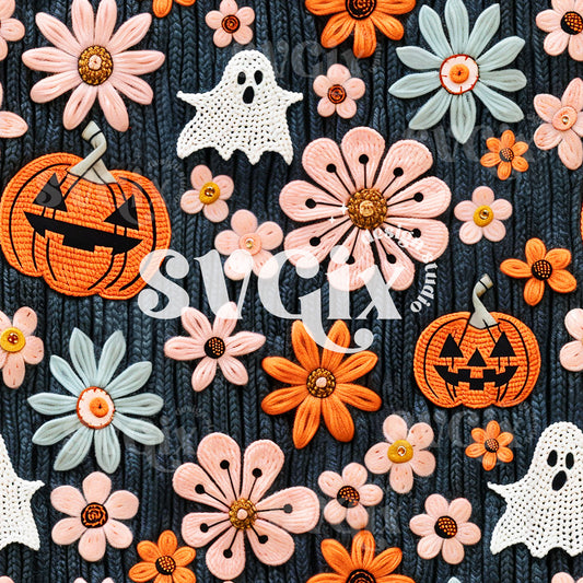 Groovy Halloween Knit Ghosts & Jack O Seamless Pattern