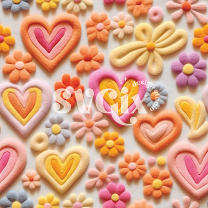 Groovy Hearts Floral Embroidery Seamless Pattern