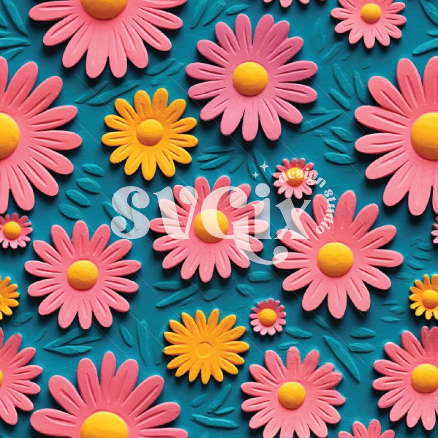 Groovy Pink Daisies on Teal Seamless Pattern