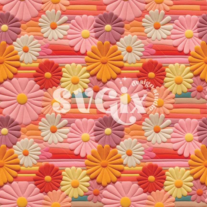 Groovy Retro Pink Yellow Daisy Flowers Embroidery Seamless Pattern