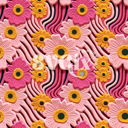 Groovy Retro Pink Yellow Flowers Embroidery Seamless Pattern