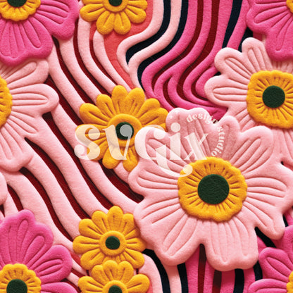 Groovy Retro Pink Yellow Flowers Embroidery Seamless Pattern