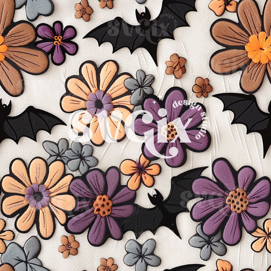Halloween Flowers and Bats Seamless Pattern