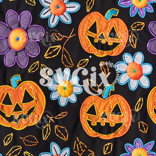 Halloween Harvest - Bright Pumpkins and Flowers Seamless