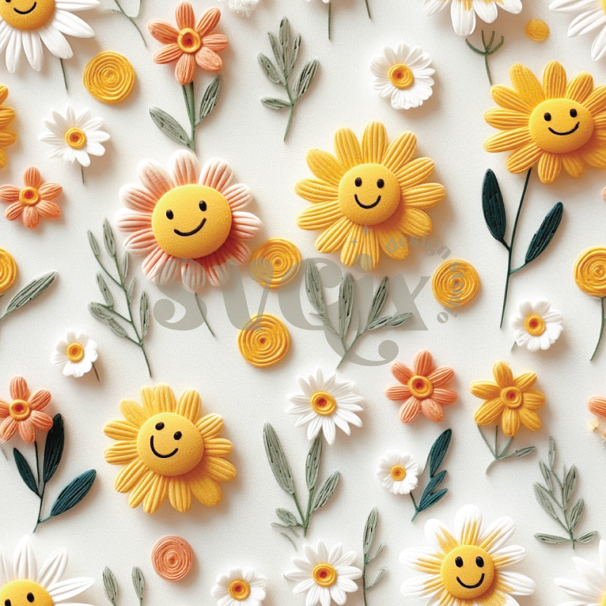 Happy Saturday Smiley Daises Seamless Pattern