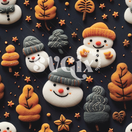 Happy Snowmen Faux Felt Embroidery Seamless Pattern