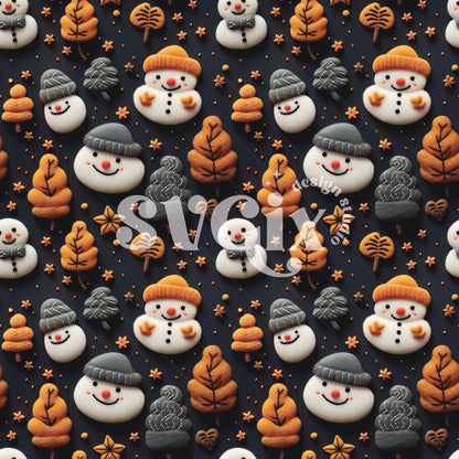 Happy Snowmen Faux Felt Embroidery Seamless Pattern